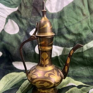 Vintage Indian Brass Etched Tea Pot / Ewer Jug with Lid - Floral Pattern